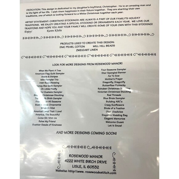 Rosewood Manor White Christmas Stocking Cross Stitch Pattern Designed By Karen K - Picture 3 of 3